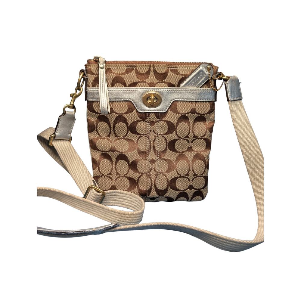Coach Hamptons SlingPack Crossbody Brown "C" Canva Metallic Silver Leather Brass